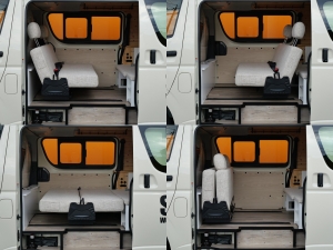 ハイエースバンアウトドア　キャンプ　車中泊　バンライフ　１BOX　ベッド　キャンピングカー